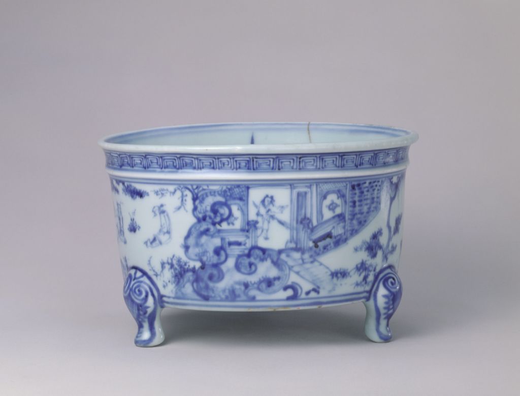 图片[1]-Three-legged incense burner with blue-and-white Maoshan Taoist painting-China Archive